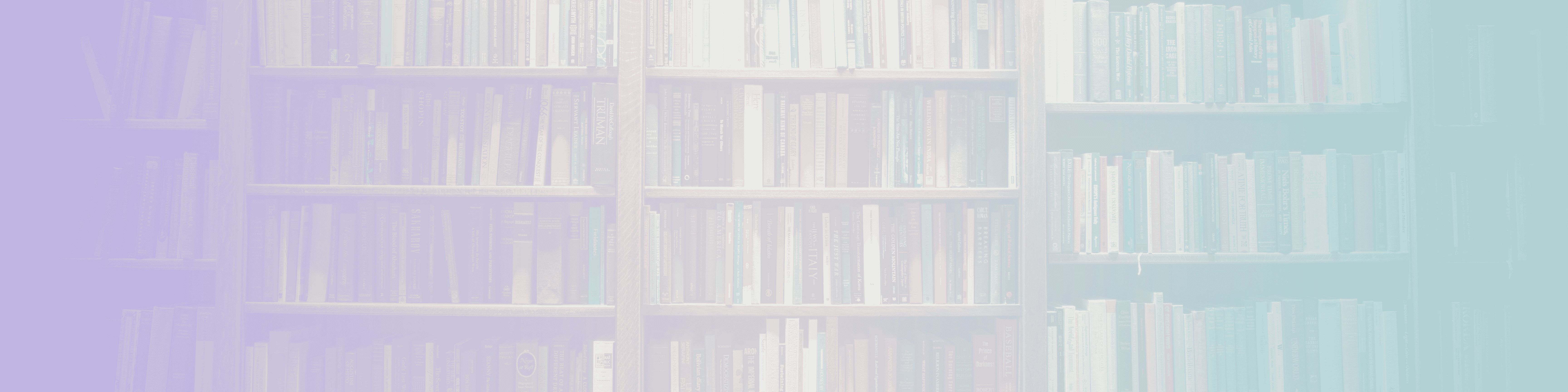 feint image of a bookcase with overlay fading left to right from pastel purple to pastel turquoise