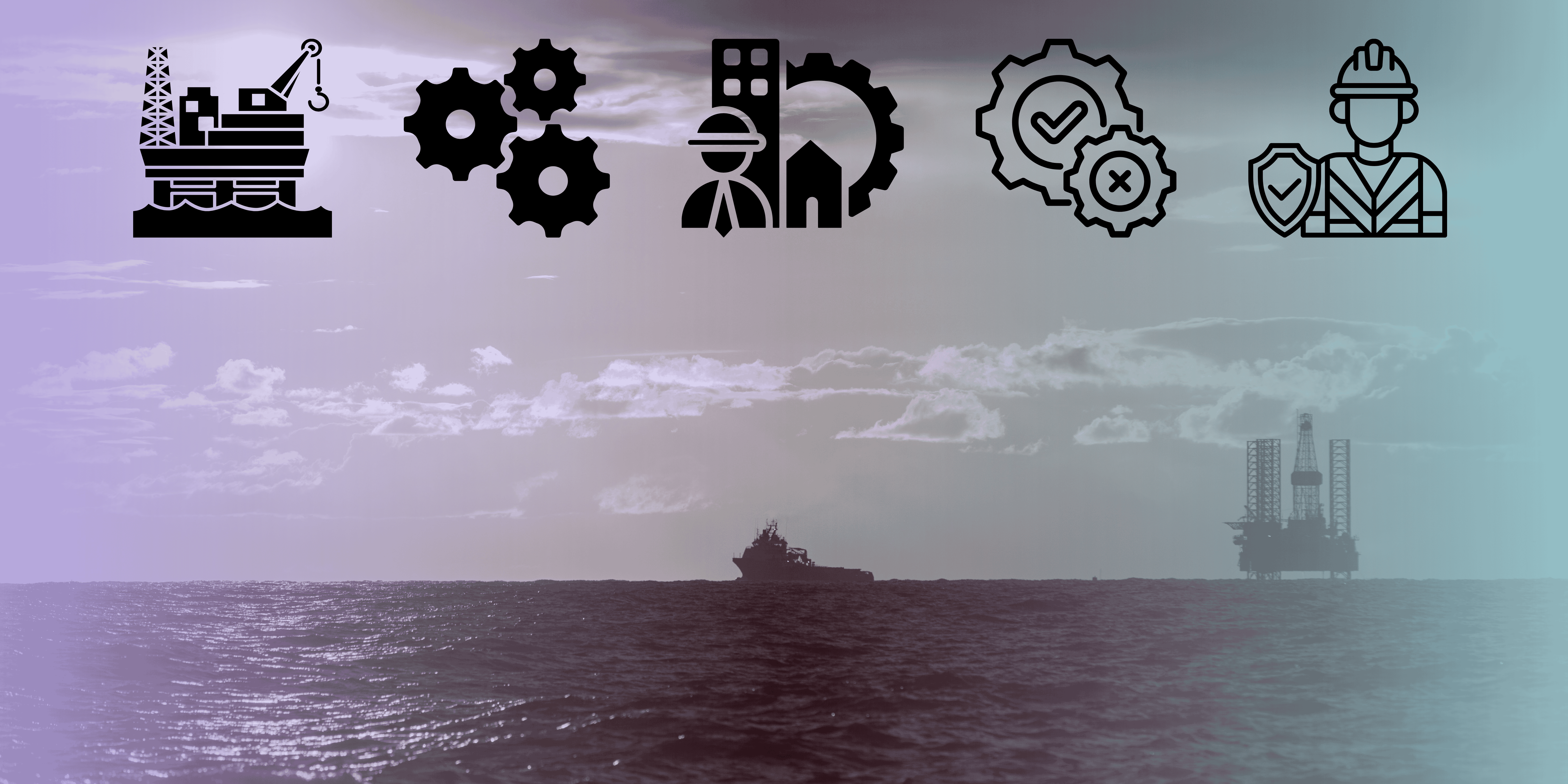 picture of distant rig and ship at sunset with overlaid icons representing engineering