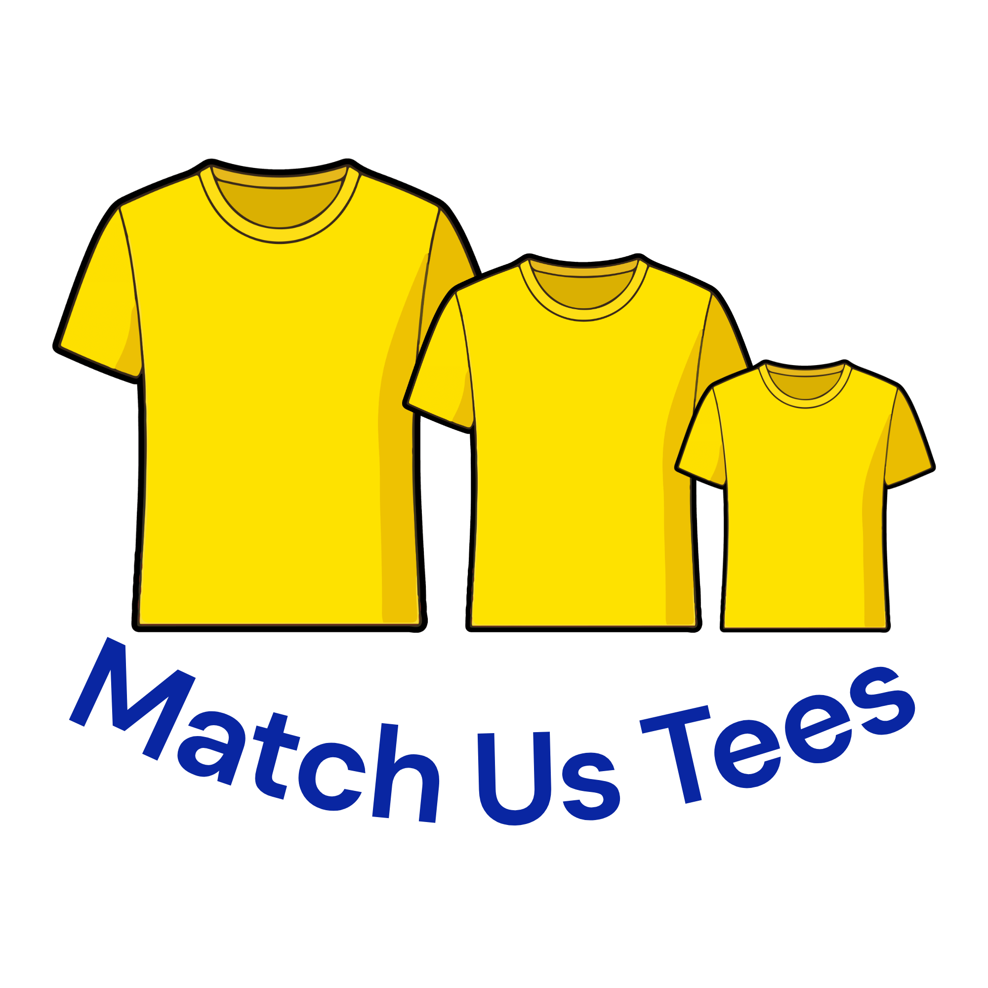 Logo showing three yellow t-shirts decreasing in size from left to right with the text saying match us tees underneath